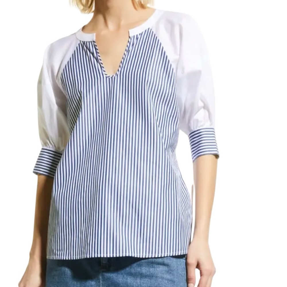 Harshman Agape Navy Blue & White Striped Print Puff Sleeve Popover Blouse - S